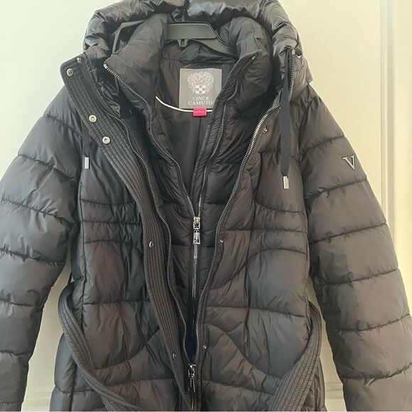 $450 Vince Camuto Onion Belted Long Puffer Coat with Hood, Black in Large, NWT - Picture 4 of 14